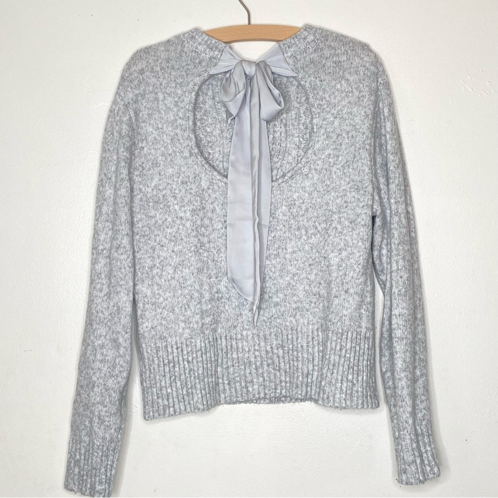 Express gray knit sweater with back  satin bow wool blend